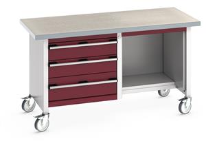 41002117.** Bott Cubio Mobile Storage Workbench 1500mm wide x 750mm Deep x 840mm high supplied with a Linoleum worktop (particle board core with grey linoleum surface and plastic edgebanding), 3 x Drawers (1 x 200mm & 2 x 150mm high)  and 1 x open section...